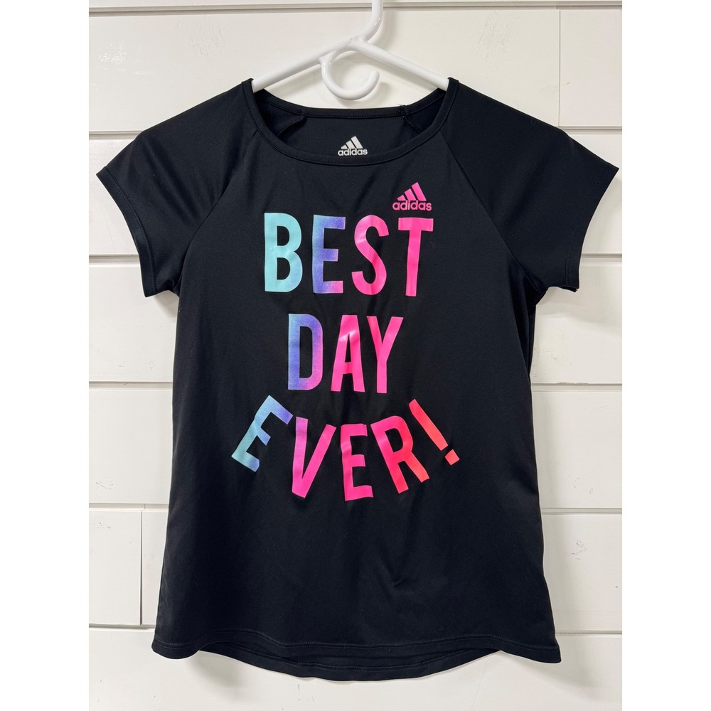Adidas Girls Blk Best Day Ever Climalite Graphic T-Shirt Size L 10 Short Slv